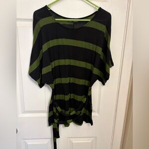 Striped Black and Olive Tie-Waist Tunic Top